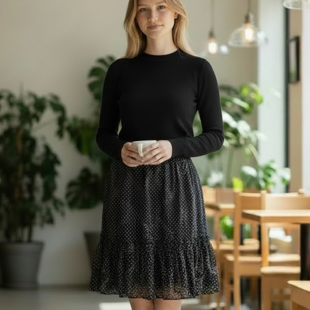 ❤️ J. Crew Black and White Metallic Polka Dot Ruffle Chiffon Skirt
